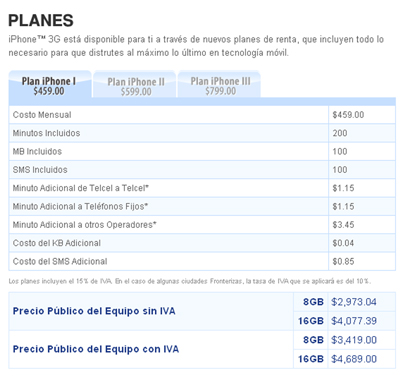 Planes iPhone 3g telcel