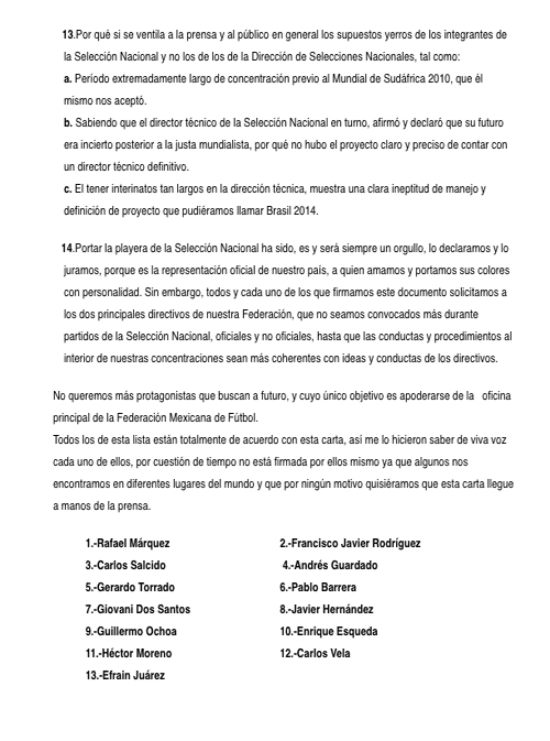 Carta Seleccion Mexicana de Futbol