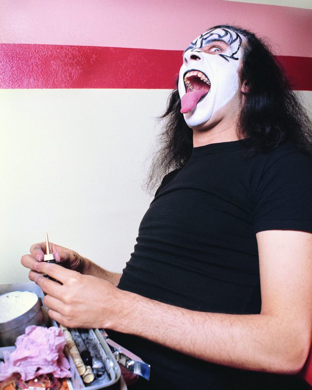 NEW YORK - APRIL 24:  Bass guitarist and co-lead singer Gene Simmons of American hard rock band KISS at Make Up Center on April 24, 1974 in New York City.  (Photo by Waring Abbott/Getty Images)