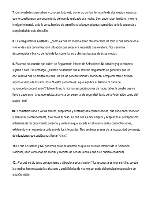 Carta Seleccion Mexicana de Futbol